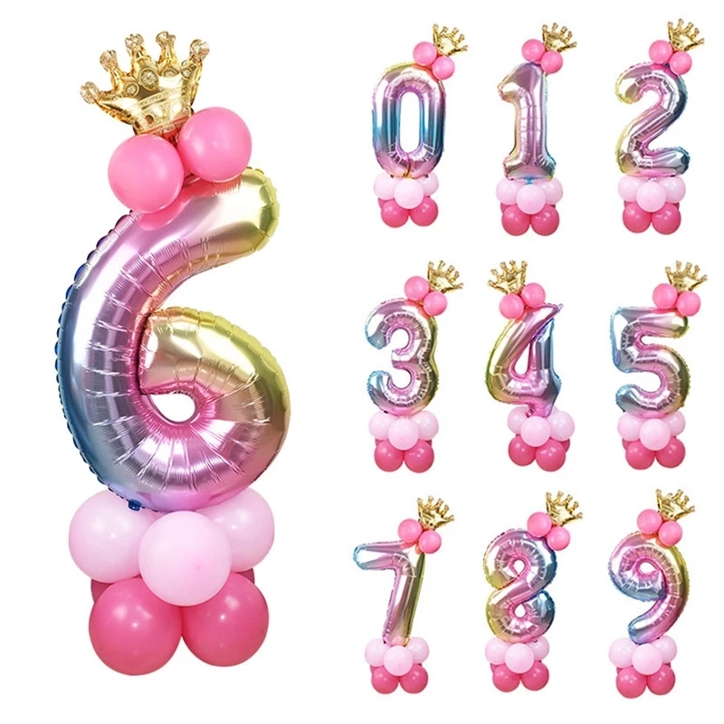 Boy Girl Wedding Anniversary Baby Shower 1st Birthday Party Supplies 32inch Rainbow Number Crown Mylar Foil Latex Balloon Column Decoration Set Kit